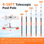 16FT Pool Brush with Pole, 19" Heavy Duty Swimming Pool Brush with 4-16FT Aluminum Telescopic Pole, Pool Scrubber Brush Head with Universal Adapter for Cleaning Pool Walls, Corners, Floors