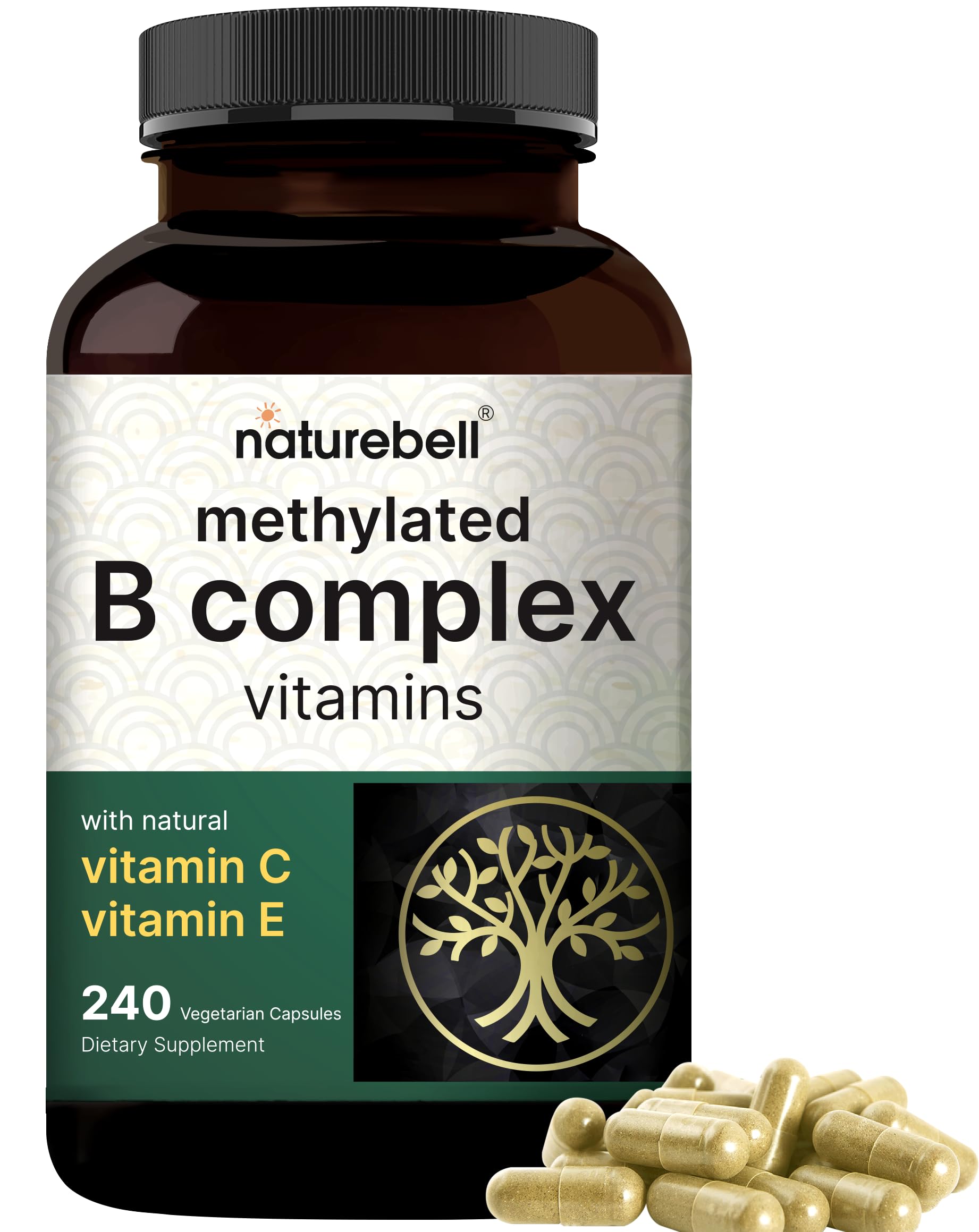 NatureBell Methylated B Complex Vitamins - 240 Vegetarian Capsules - High Bioavailability 12-in-1 Formula - for Immune Health & Energy Support* - Non-GMO & Gluten-Free