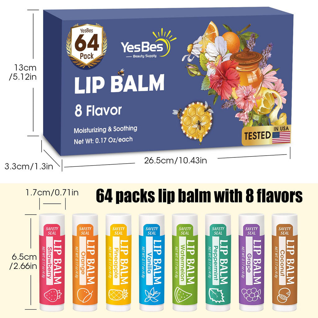 YesBes 64 Pack Lip Balm, Natural Lip Balm Bulk with Vitamin E and Coconut Oil, Moisturizing Lip Balms for Dry Cracked Lips, Lip Balms for Valentines Gifts Stocking Stuffers - 8 Flavors