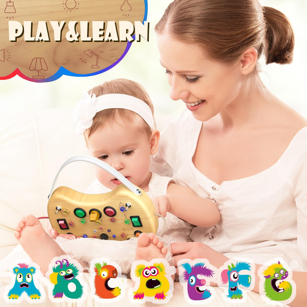 UdoUto Montessori Wooden Busy Board for Toddlers with LED Lights & Switches