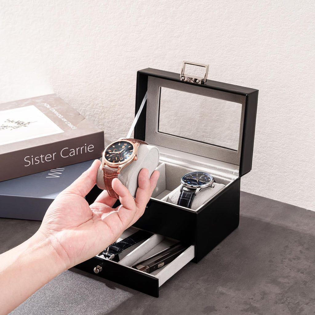 ProCase Watch Box, 3 Slot Watch Display Case with Drawer -Black