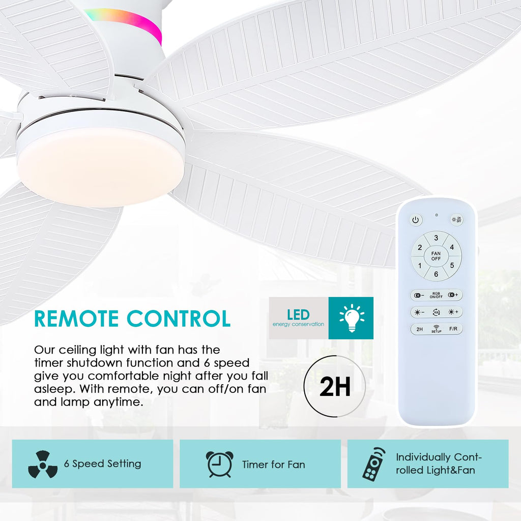Surtime 46" White Ceiling Fans with RGB Lights - Flush Mount Ceiling Fan Light with LED 3CCT Dimmable, Tropical Palm Leaf Ceiling Fans for Indoor Party,Covered Outdoor