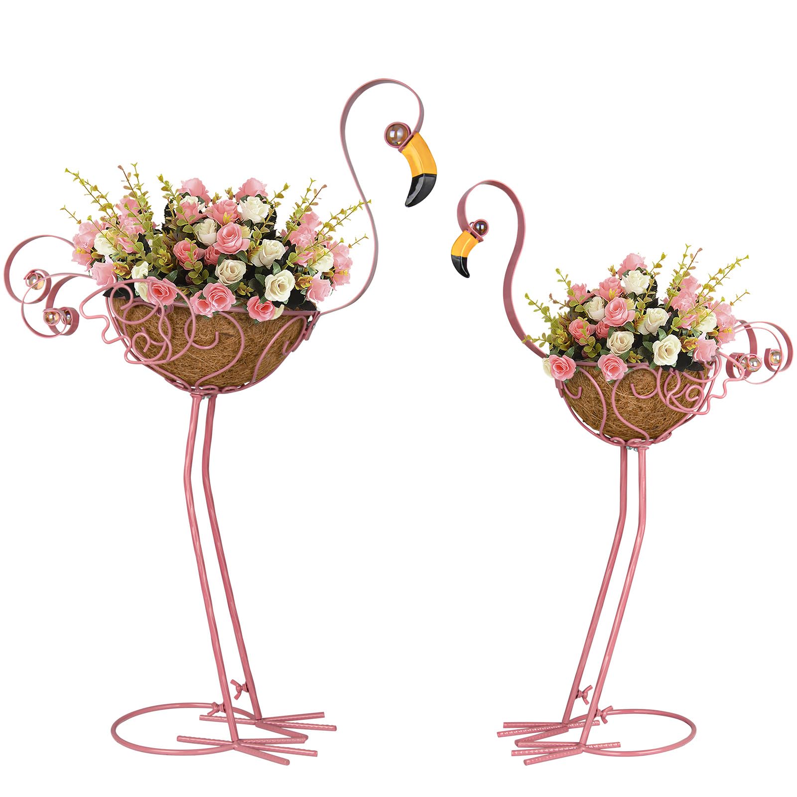 SUNREEK Set of 2 Pink Flamingo Outdoor Planters with Basket, Metal Flamingo Planter for Indoor Outdoor Garden Yard Decor (Flamingo-Planter)
