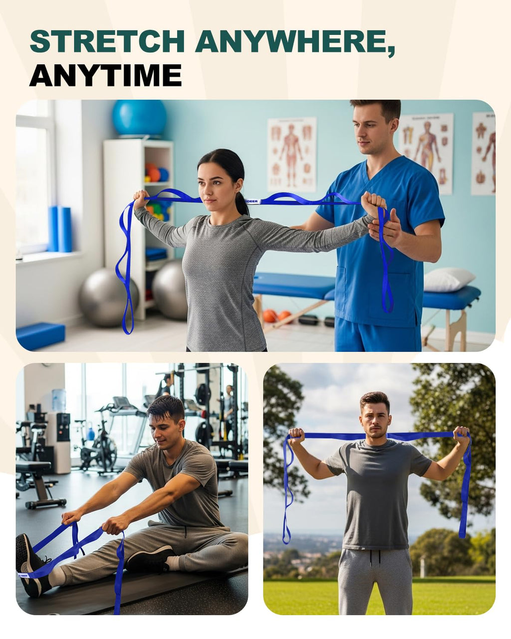 Trideer Stretching Strap Yoga Strap Physical Therapy for Home Workout, Exercise, Pilates and Gymnastics, 10 Loops Non-Elastic Stretch Bands with Aesthetic Packaging for Women & Men (Dark Blue)
