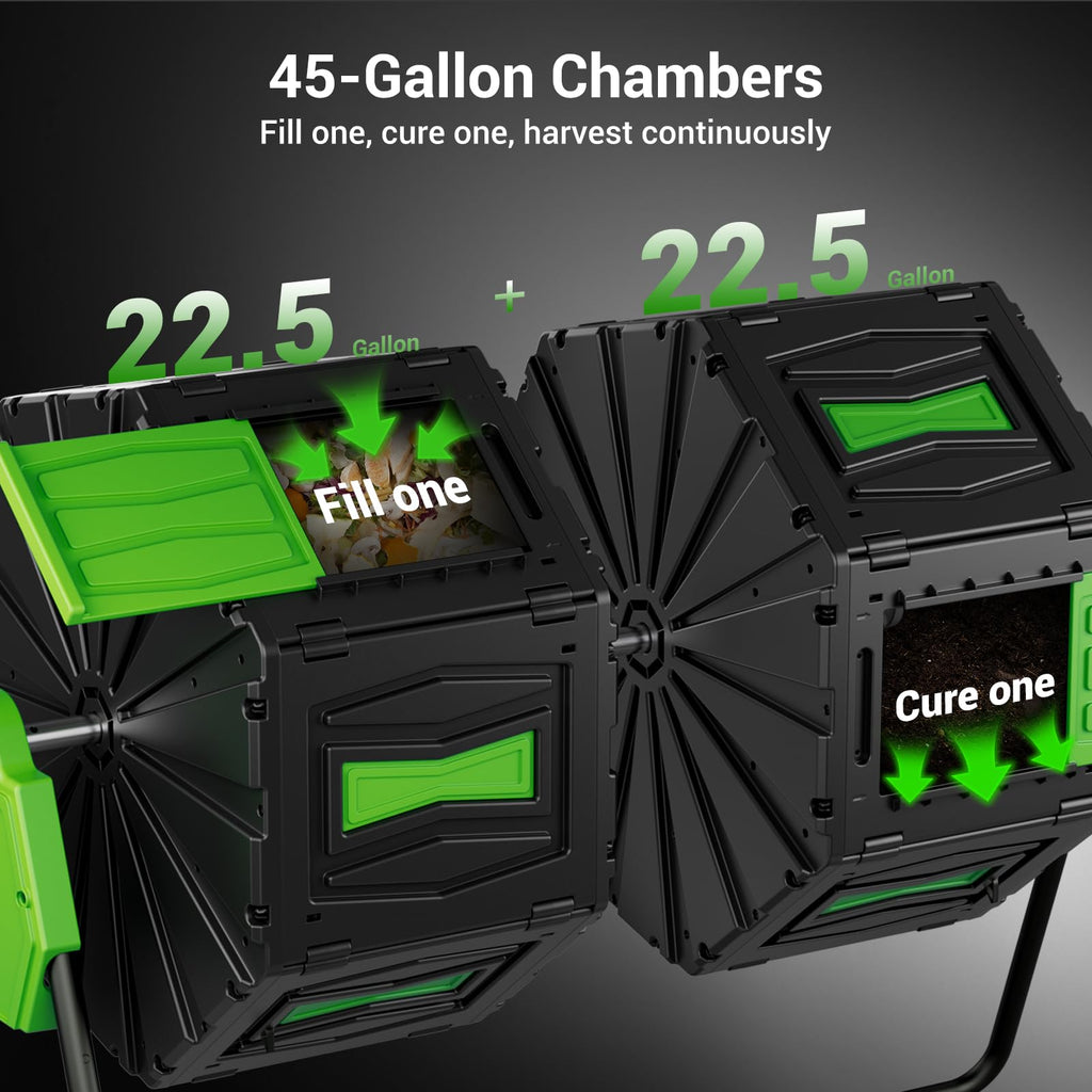 Compost Tumbler, Easy Assemble & Efficient Outdoor Compost Bin, 45 Gallon/170 Liter Large Dual Chamber Rotating Composter for Garden, Kitchen, and Yard Waste, Green Door