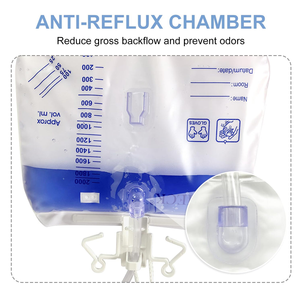 DWCHECK 5 Pack Urinary Drainage Bag with Anti-Reflux Chamber,2000mL Urine Bags with 48" Tube Drainage,Splash-Resistant Drain Spout,Clips and Hanging Hook,Disposable Urine Bags for Men