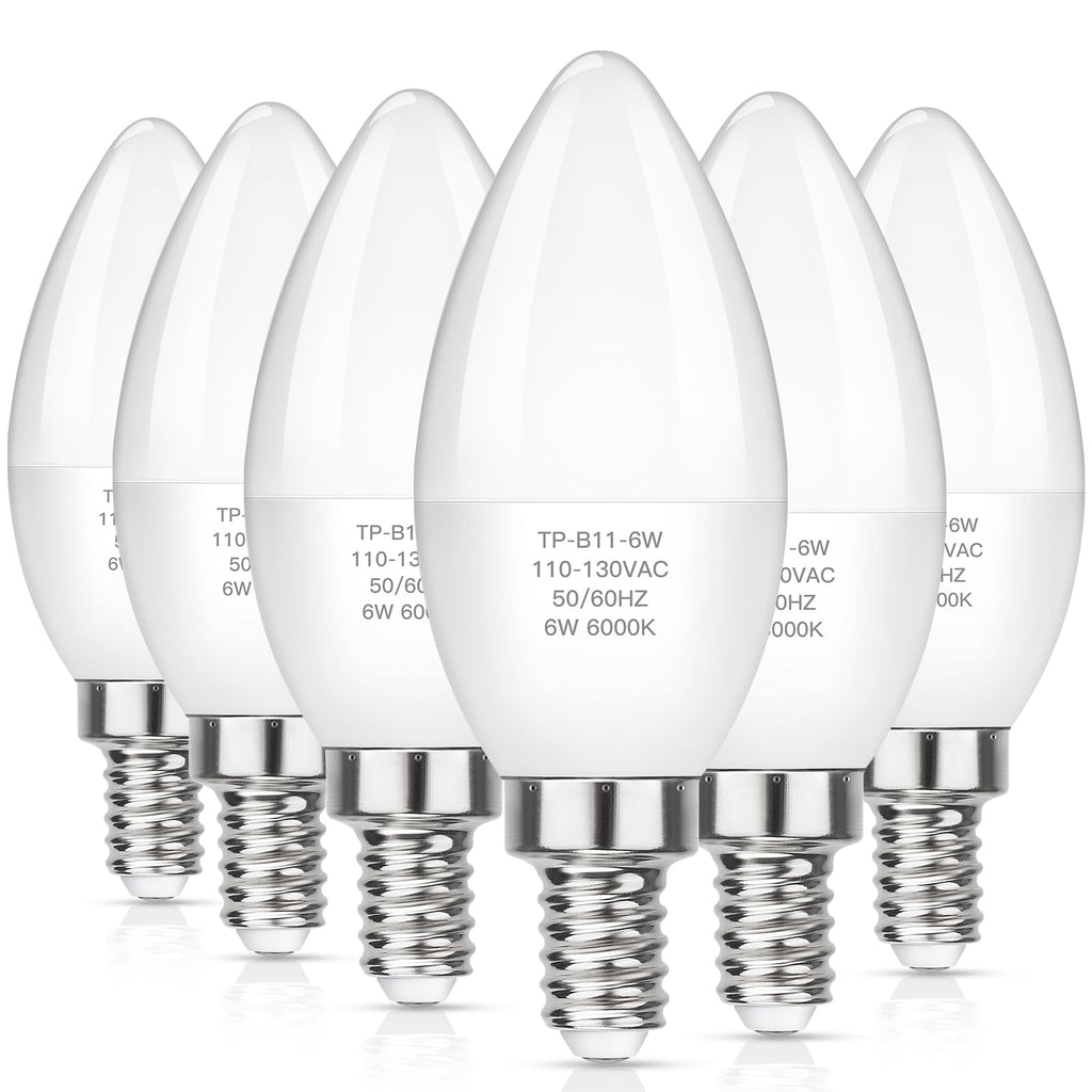 MAXvolador E12 LED Candelabra Light Bulbs 60W Equivalent, Cool White 6000K 600 Lumens Chandelier Bulb, 6W B11 Candle Base, Non-Dimmable, Pack of 6