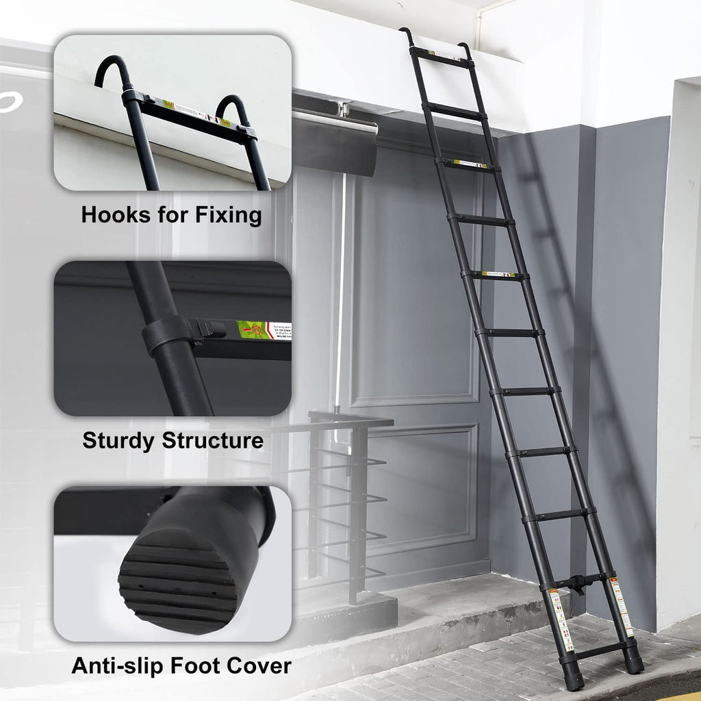 RIKADE Telescopic Ladder, 16.5 ft Aluminum Telescoping Ladder with Non-Slip Feet and Stable Hook, Portable Extension Ladder for Household and Outdoor Working, Max Load 330 lb, Black