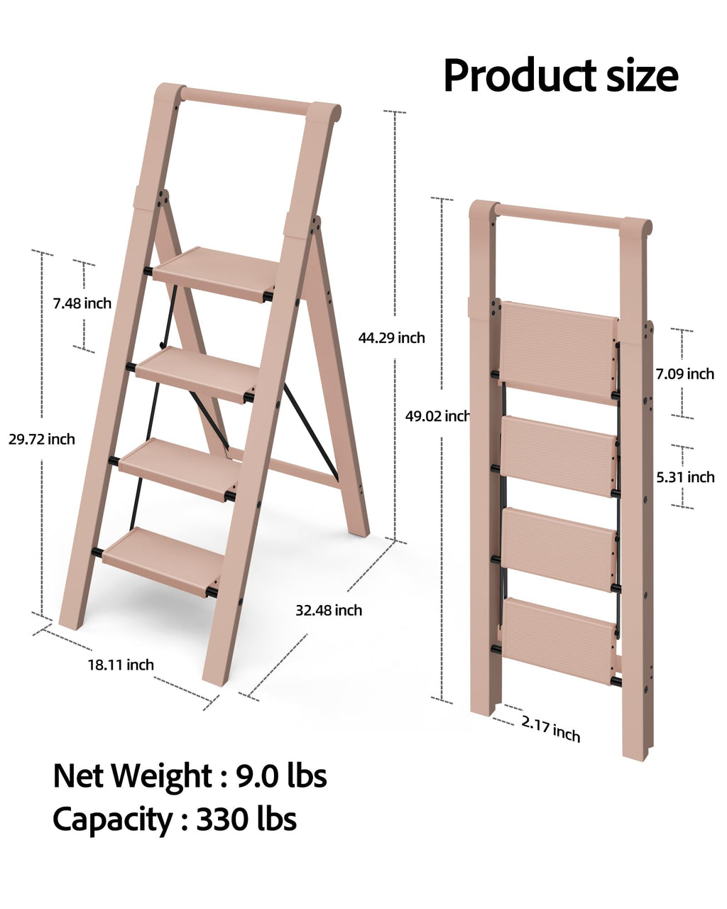 Taranta 4 Step Ladder, Lightweight Aluminum Step Stool with Convenient Handgrip, Folding Ladder with Anti-Slip Pedals, 330lbs Capacity Stepladder for Home, Office, Kitchen - Peach Pink