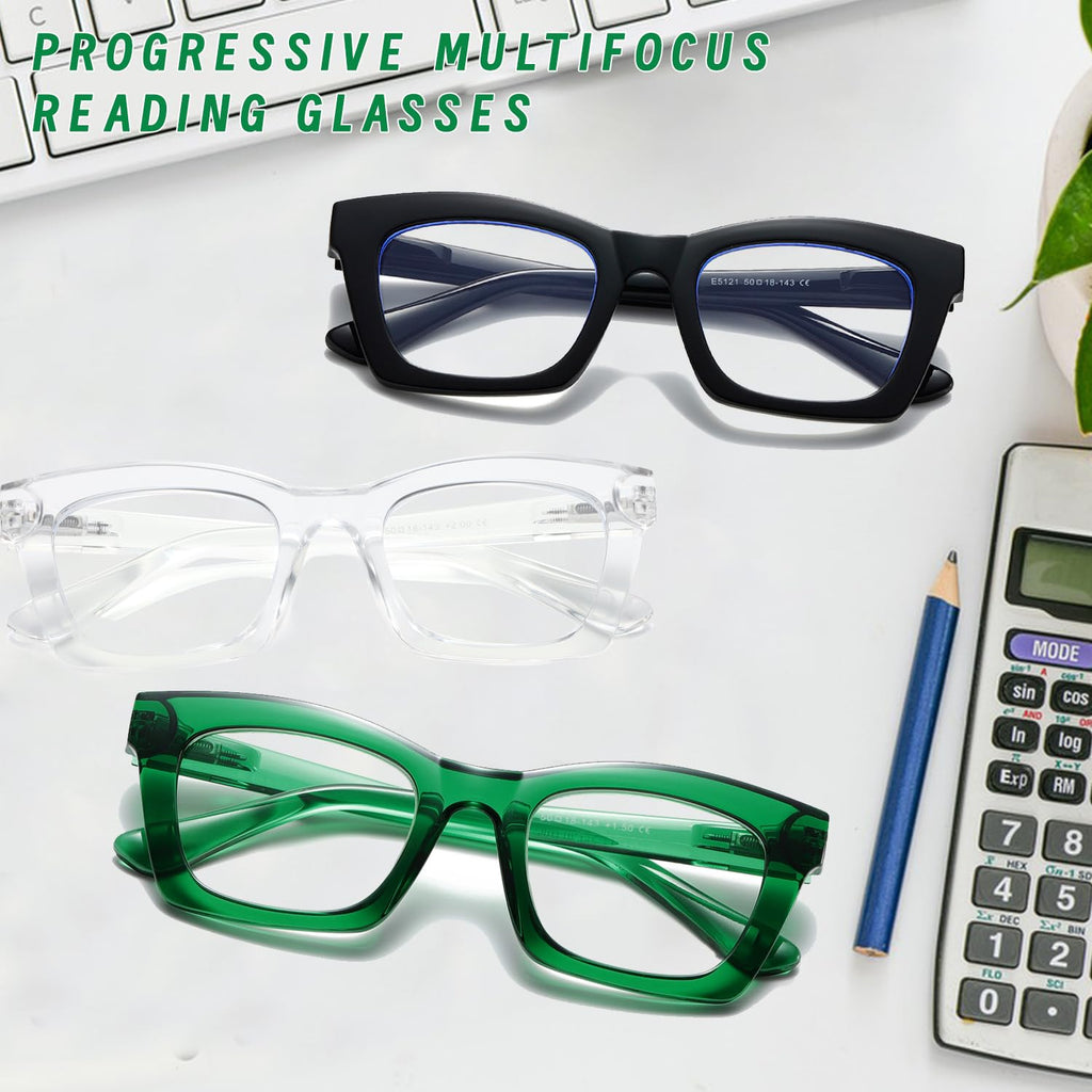 Hubeye Progressive Reading Glasses For Women Oprah Style Blue Light Blocking Computer Multifocus Square Reader （Green+Black+Clear，+1.75）
