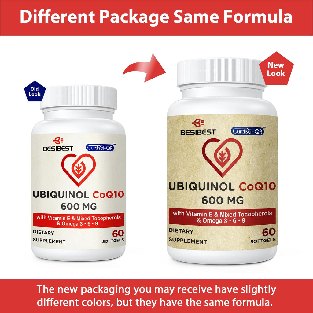 Besibest Ubiquinol CoQ10-600mg-Softgel, Active Coq10 Ubiquinol Supplement with Vitamin E & Omega 3, 6, 9, High Absorption-Coenzyme-Q10, Powerful Antioxidant for Energy Production, Tested, 60 Count