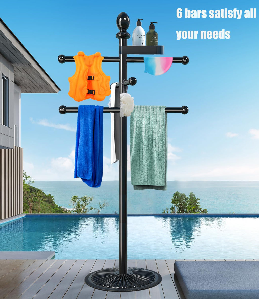 Pool Towel Rack Outdoor, 6 Bars with Top Tray Metal Heavy Duty Never Tilt Pool Accessories with Heavy Metal Base, Hot Tub Accessories Towel Dying Rack Towel Stand for Pool, Hot Tub etc