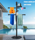 Pool Towel Rack Outdoor, 6 Bars with Top Tray Metal Heavy Duty Never Tilt Pool Accessories with Heavy Metal Base, Hot Tub Accessories Towel Dying Rack Towel Stand for Pool, Hot Tub etc