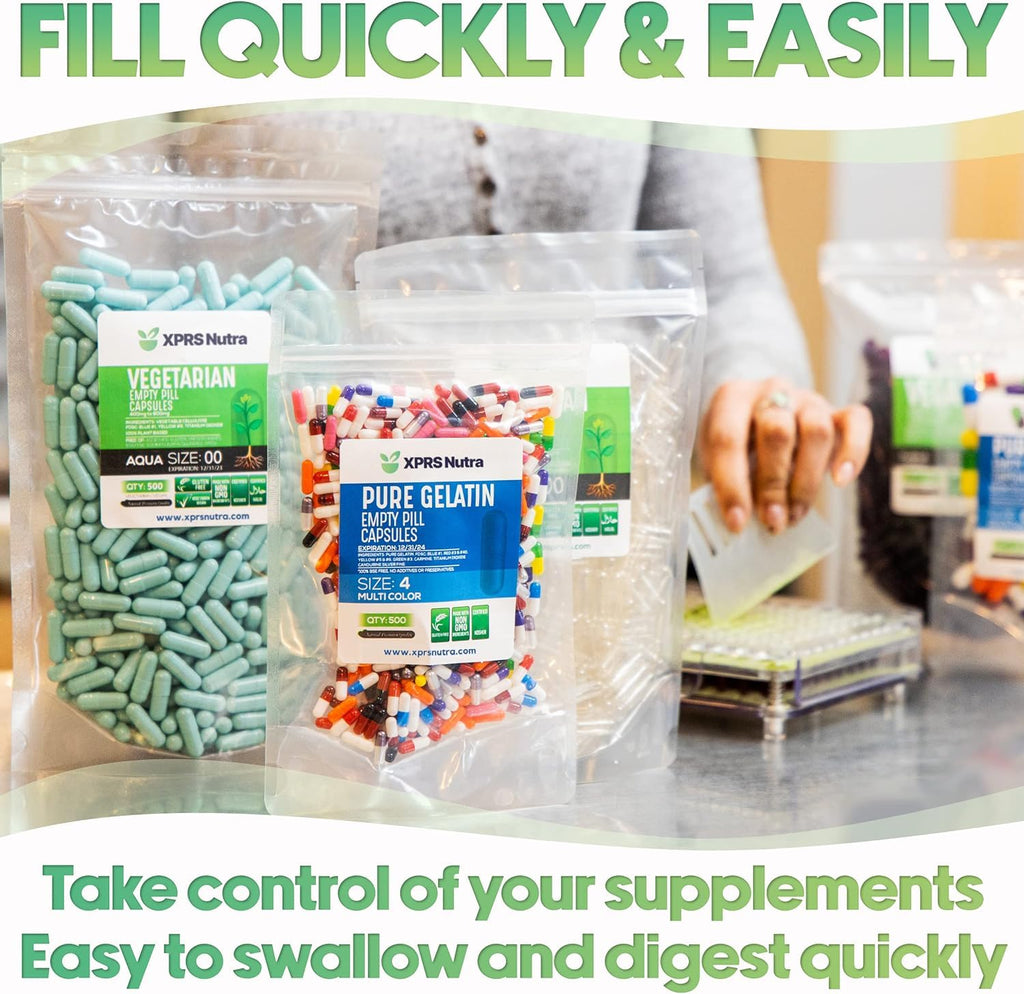 XPRS Nutra Size 0 Empty Capsules - 1000 Count Clear Enteric Coated Empty Gelatin Capsules - Delayed Release Pills - DIY Capsule Filling - Pure Bovine Empty Enteric Gel Caps