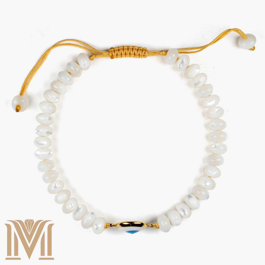 Mana Gallery Handmade Evil Eye Bracelet – White Mother of Pearl Beads with Gold-Plated Blue Eye Charm – Adjustable Macramé Cord – Protective Jewelry Gift for Women (Evil Eye Bracelet)
