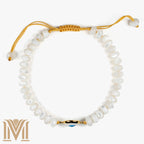 Mana Gallery Handmade Evil Eye Bracelet – White Mother of Pearl Beads with Gold-Plated Blue Eye Charm – Adjustable Macramé Cord – Protective Jewelry Gift for Women (Evil Eye Bracelet)