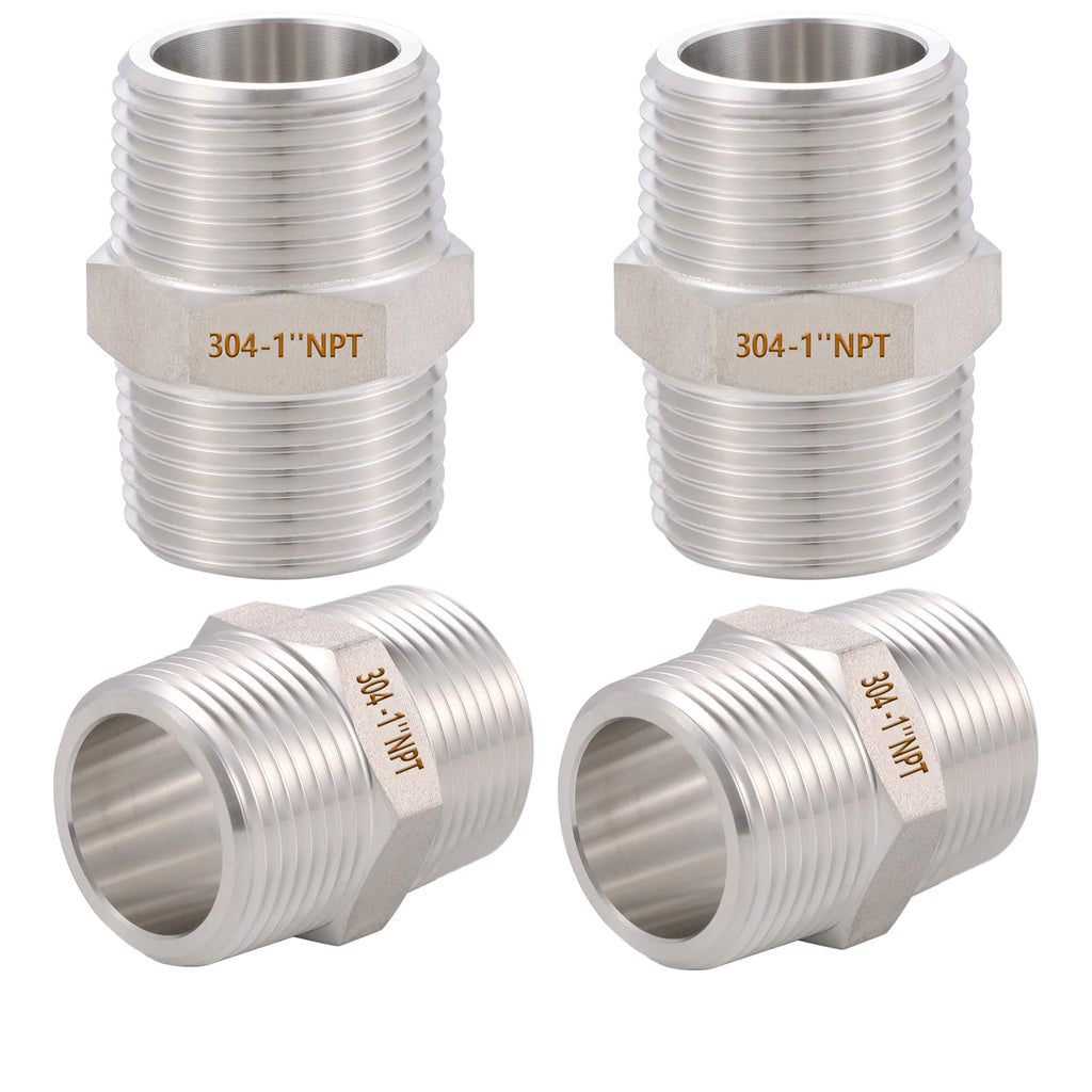 SNUTUYA 4PCS Hex Nipple 1" x 1" Male Pipe Fittings, 304 Stainless Steel 1 inch NPT Threaded Pipe Adapter Fittings, Male Straight Connector Pipe Fitting