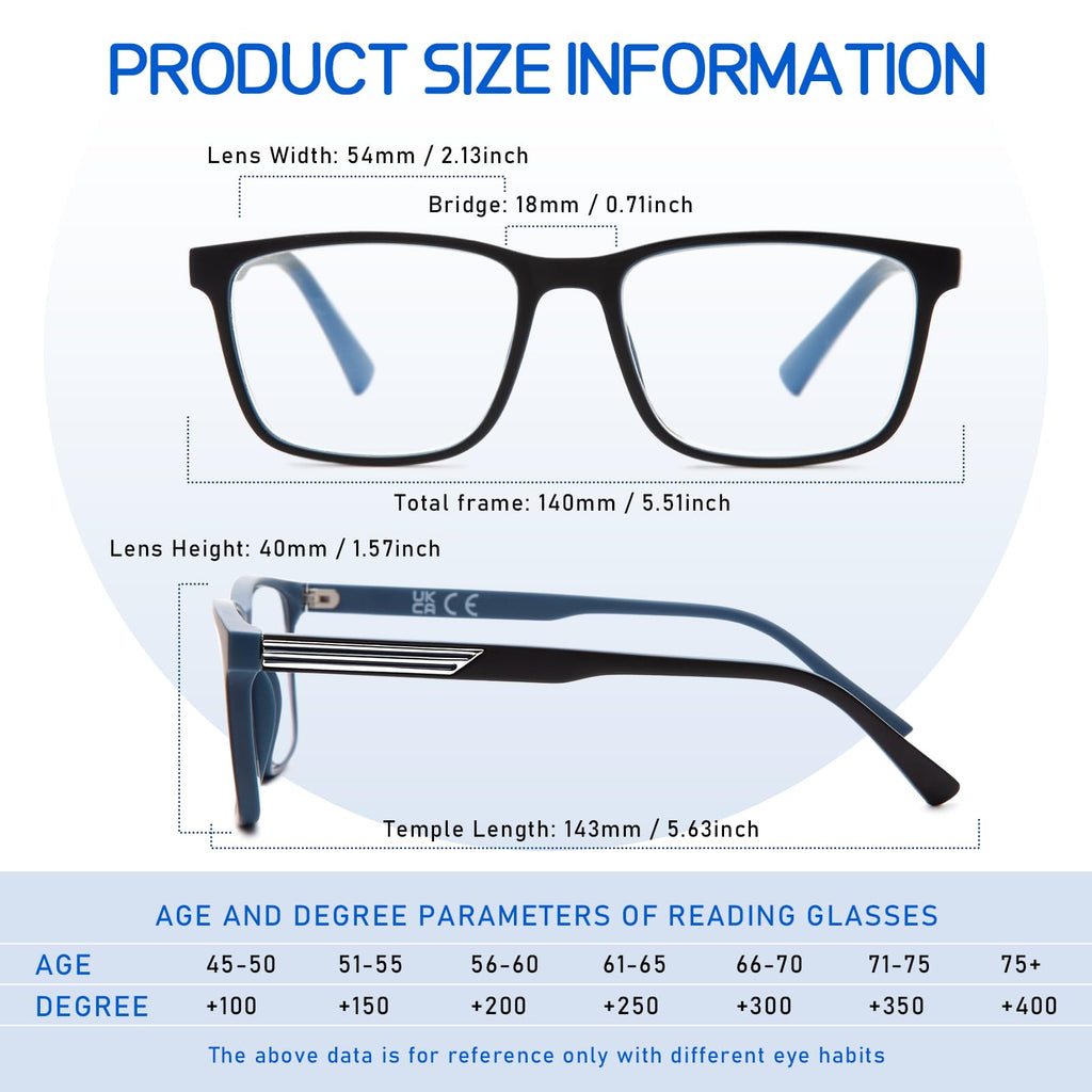 DEHOTRE 2 Pack Progressive Multifocus Reading Glasses Men Unbreakable TR90 Frame Temple Large Size Readers with Metal Inlays Multifocal Lens Blue Light Blocking Black & Blue 1.75