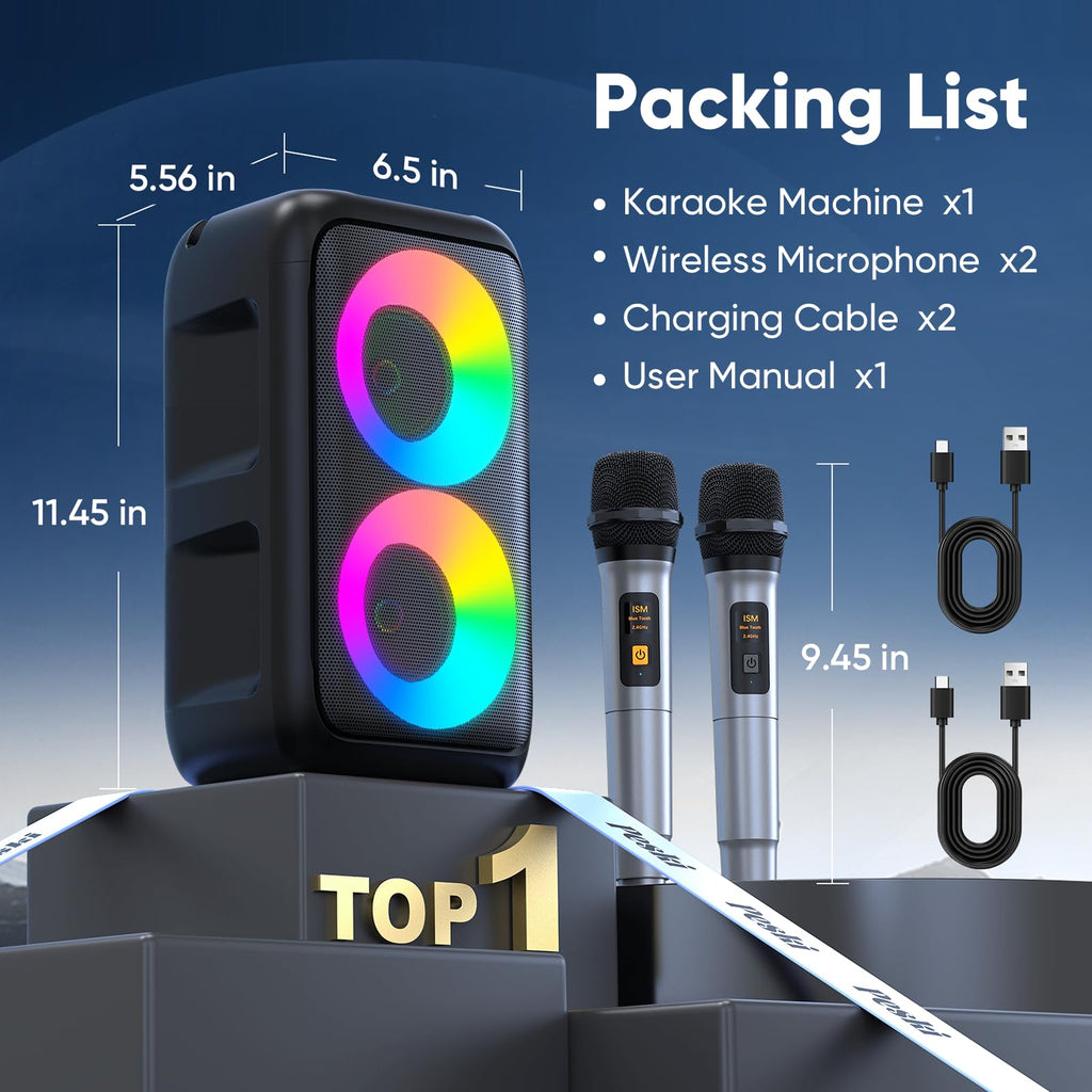 Karaoke Machine, Bluetooth Speaker with 2 Wireless Microphones Adults Kids