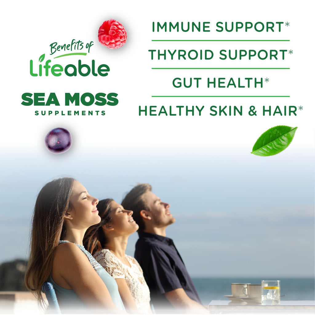 Lifeable Irish Sea Moss Gummies Supplement for Men and Women, Thyroid Support with Bladderwrack, Burdock Root and Ashwagandha, Berry Flavor, Vegan, Gluten Free, 60 Count