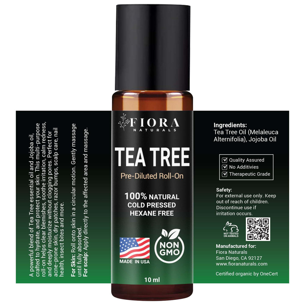 Fiora Naturals Tea Tree Oil Roll On - 100% Natural Tea Tree Essential Oil for Skin, Face, Acne, Nails, Cuticles, Scalp & Aromatherapy Wellness