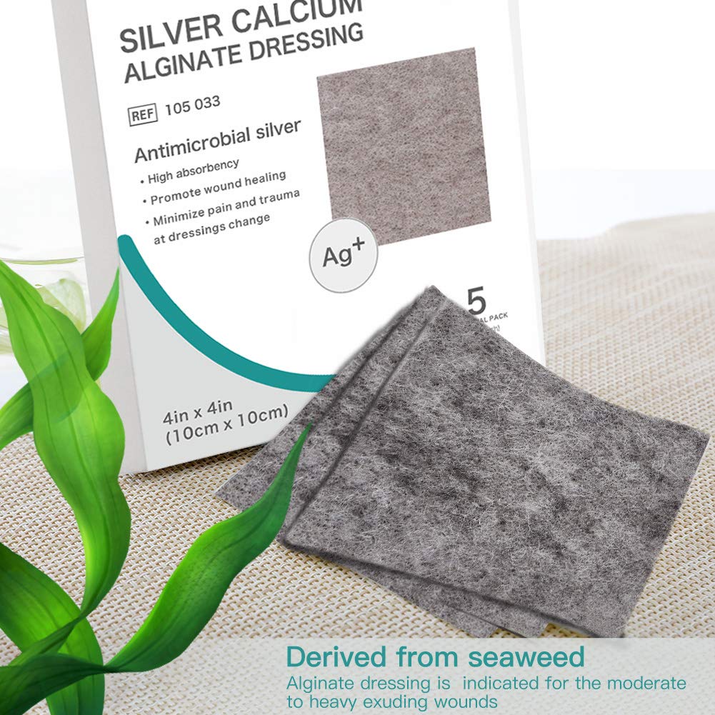 Dimora Ag Silver Calcium Alginate Wound Dressing Pads, 4'' x 4'' Patches, 5 Individual Pack, Highly Absorbent Dressing, Non-Stick Sterile Gauze