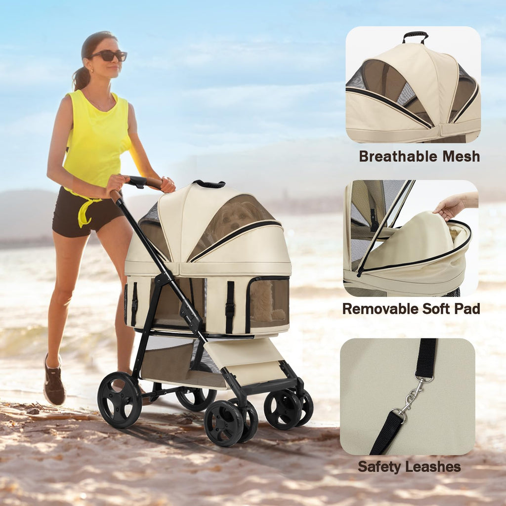 4 Wheels Pet Stroller for Small/Medium Dogs and Cats,Dog Stroller with Detachable Carrier and Storage Basket,One Click Folding,Compact Portable,Up to 50lbs,3 in1 Multifunctional(Khaki)