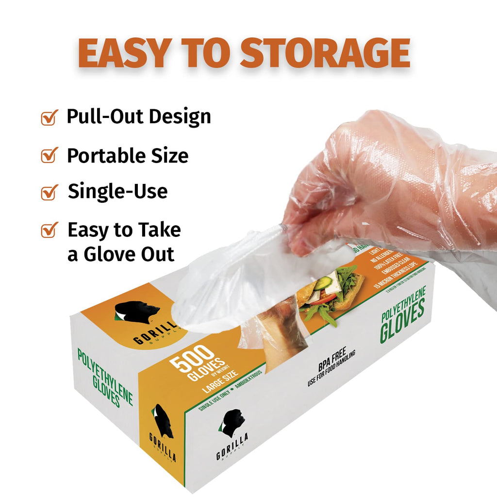 GORILLA SUPPLY 1000 BPA Free Premium Disposable Gloves Poly PE LDPE Plastic for Kitchen Food Handling Food Prep Latex & Powder Free (1000 Count, Medium)
