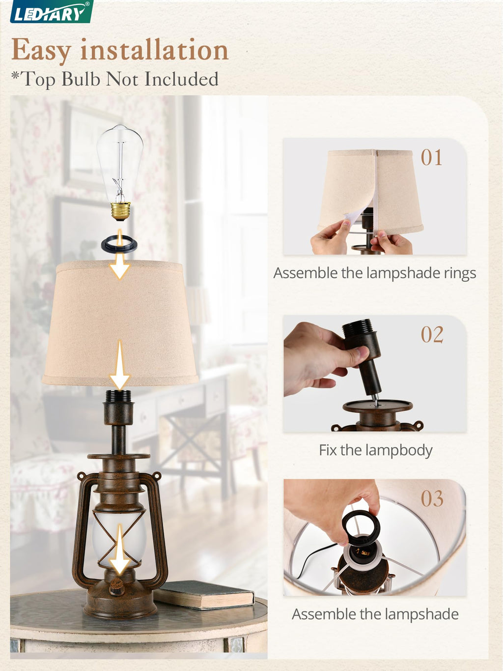 LEDIARY 18.72" LED Vintage Lantern Flickering Flame Table Lamps Set of 2