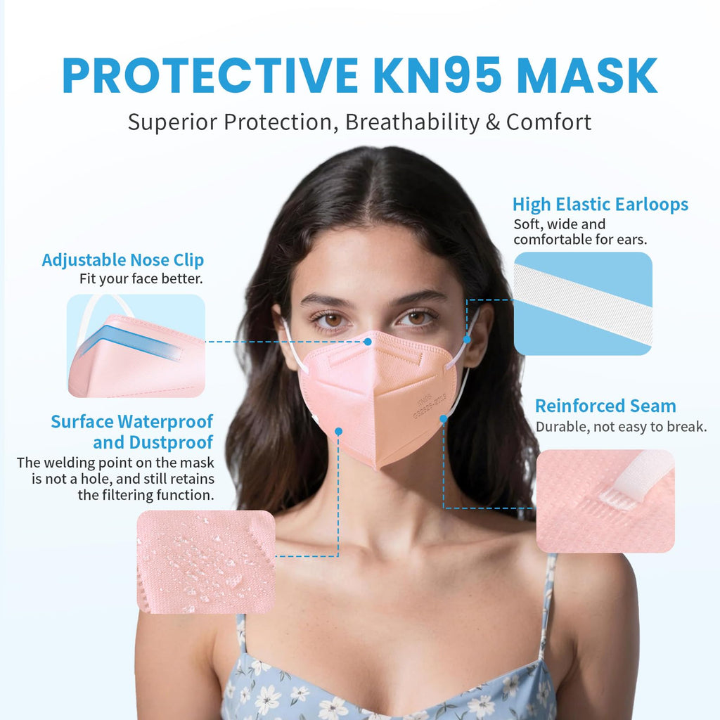 akgk KN95 Face Mask 50 PCS, Breathable Protection Masks, 5-Ply KN95 Pink Masks, Cup Dust Safety Masks
