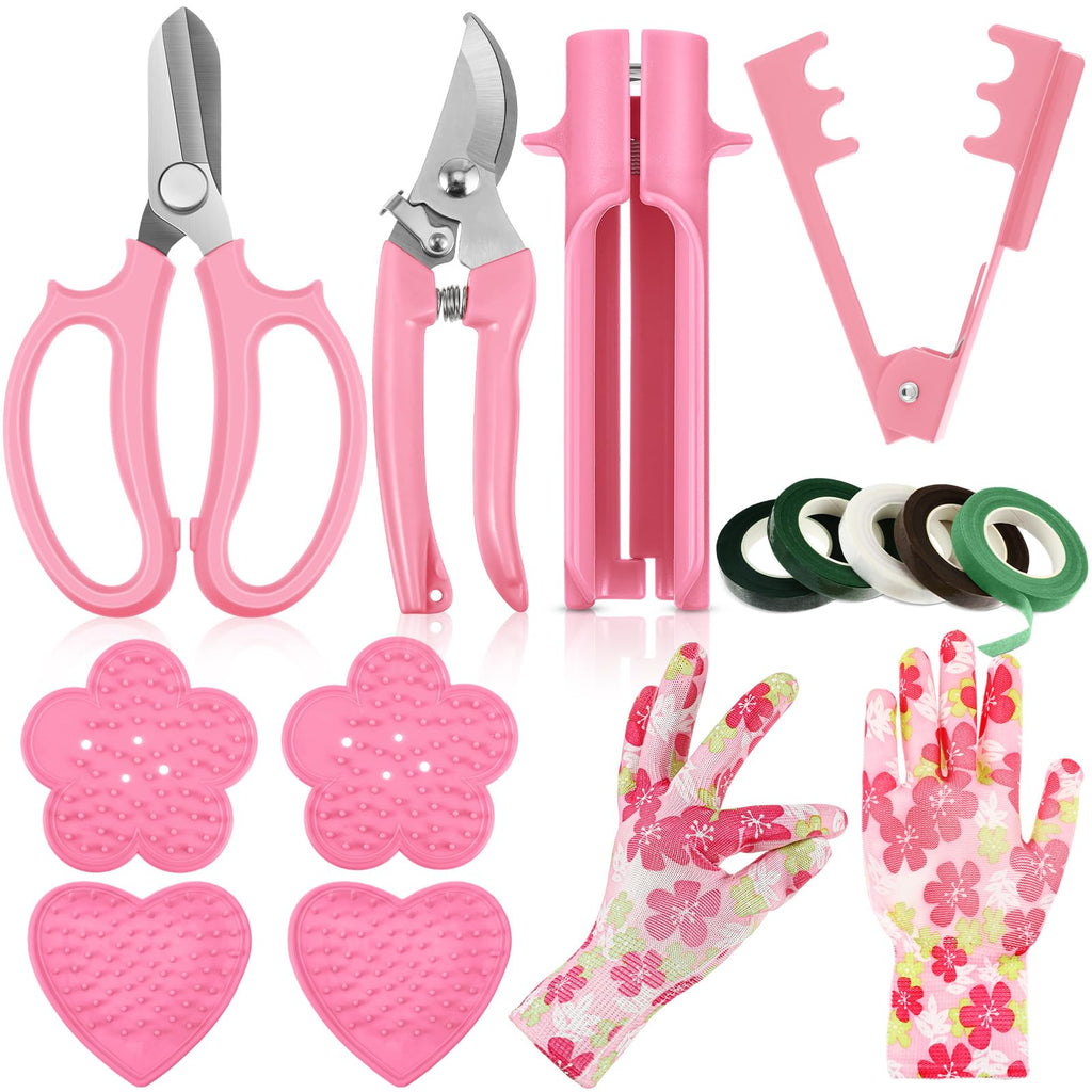 14 Pcs Mother's Day Rose Stripper Thorn Remover Tool Garden Pruning Shears Scissors Kit Leaf Stripping Tool Floral Gloves and Floral Tape Flower Stripper Kit Gift for Wedding Outdoor Gardening(Pink)