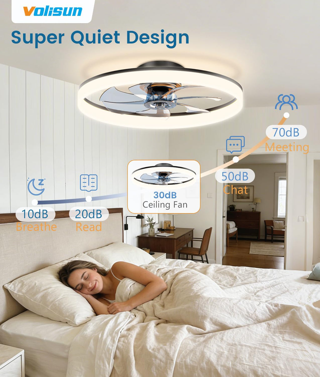 VOLISUN Low Profile Ceiling Fans with Lights and Remote, 24in Fandelier Ceiling Fan Flush Mount, 3000K-6500K Smart Bladeless LED Fan Light, Black Modern Ceiling Fans with Lights for Bedroom