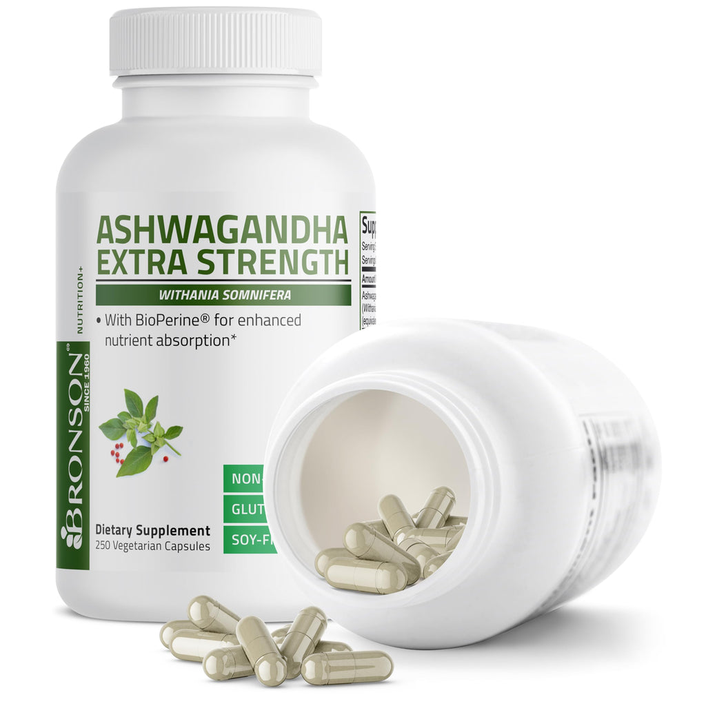 Bronson Ashwagandha Extra Strength Stress & Mood Support with BioPerine - Non GMO Formula, 250 Vegetarian Capsules