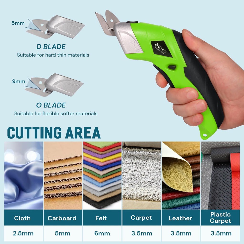 Cordless Electric Scissors, VLOXO Cardboard Cutter Electric Fabric Scissors with Blades Rechargeable Powerful Fabric Cutter for Crafts Leather Carboard Carpet Plastic Felt with Case Green CS4001