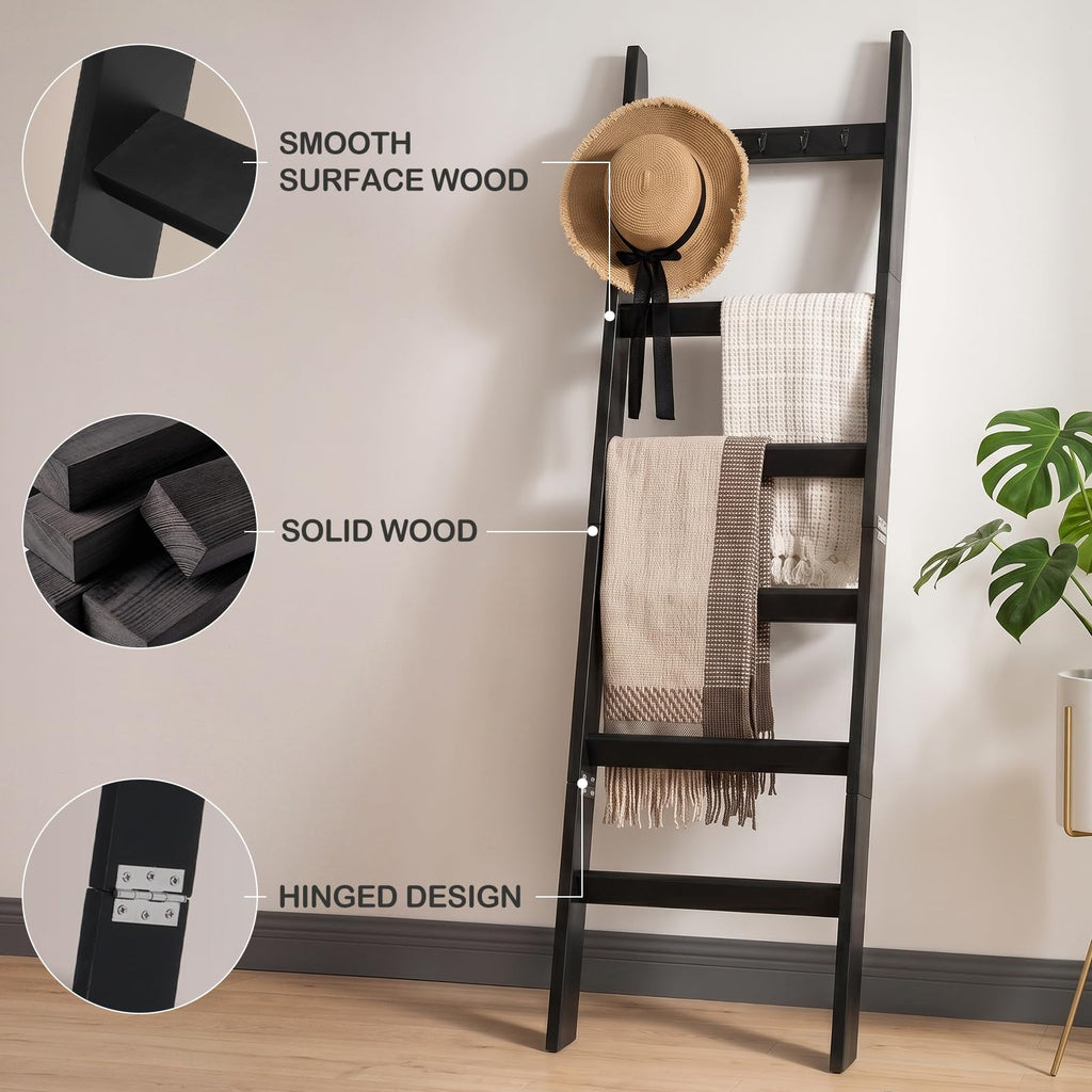 TEAKMAMA 6-Tier 5.4ft Blanket Ladder with Hooks Farmhouse Black