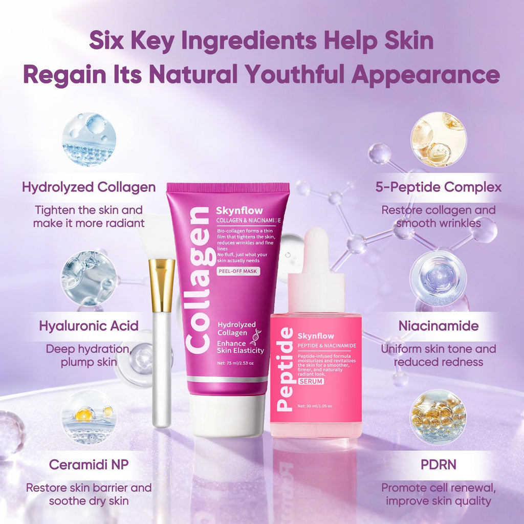 SKYNFLOW Collagen Face Mask + Plumping Peptides PDRN Serum, Overnight Hydrolyzed Peel-Off Mask, Niacinamide Restoring Skincare Set, Reduce Wrinkles, Tighten Fine Lines, Even Skin Tone (1 Set)