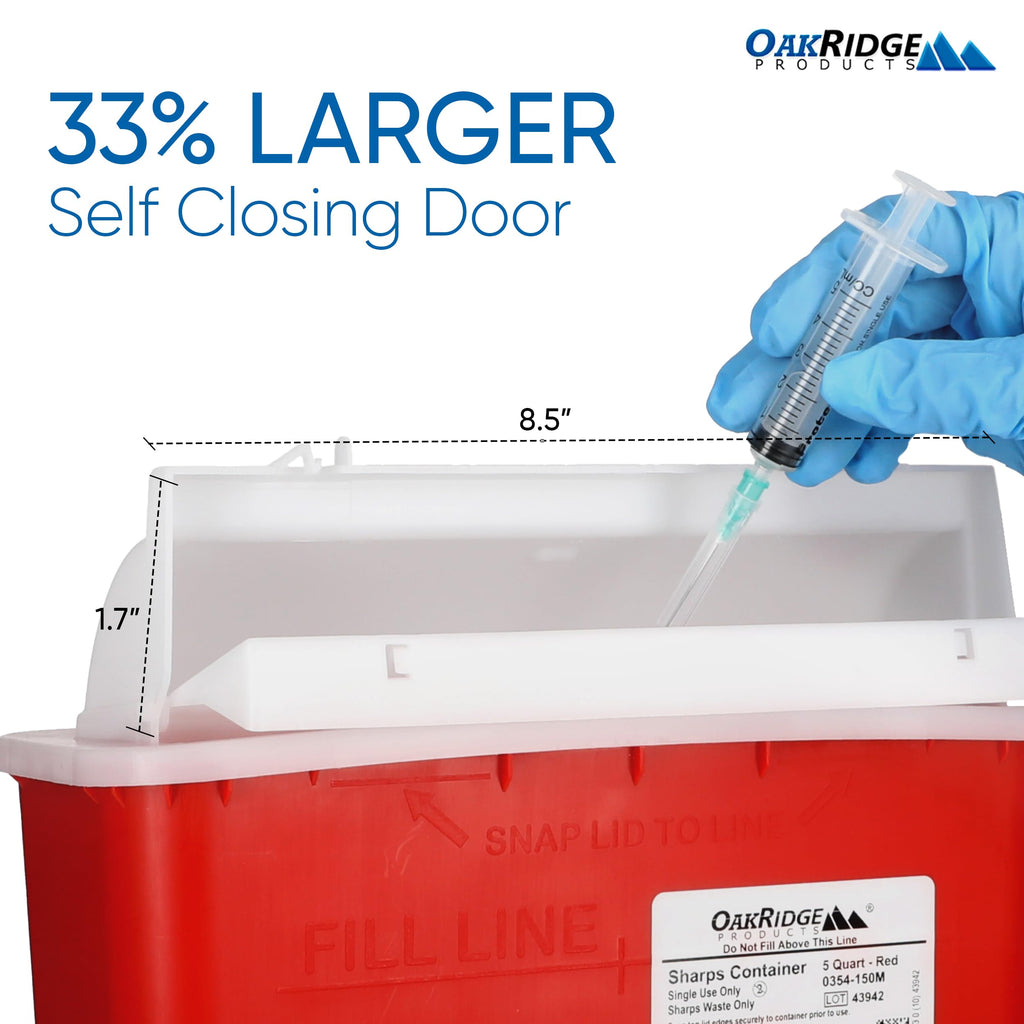 Oakridge Products Sharps Container for Home Use and Professional 5 Quart (5-Pack), Biohazard Needle and Syringe Disposal, Mailbox Style Lid, CDC Certified
