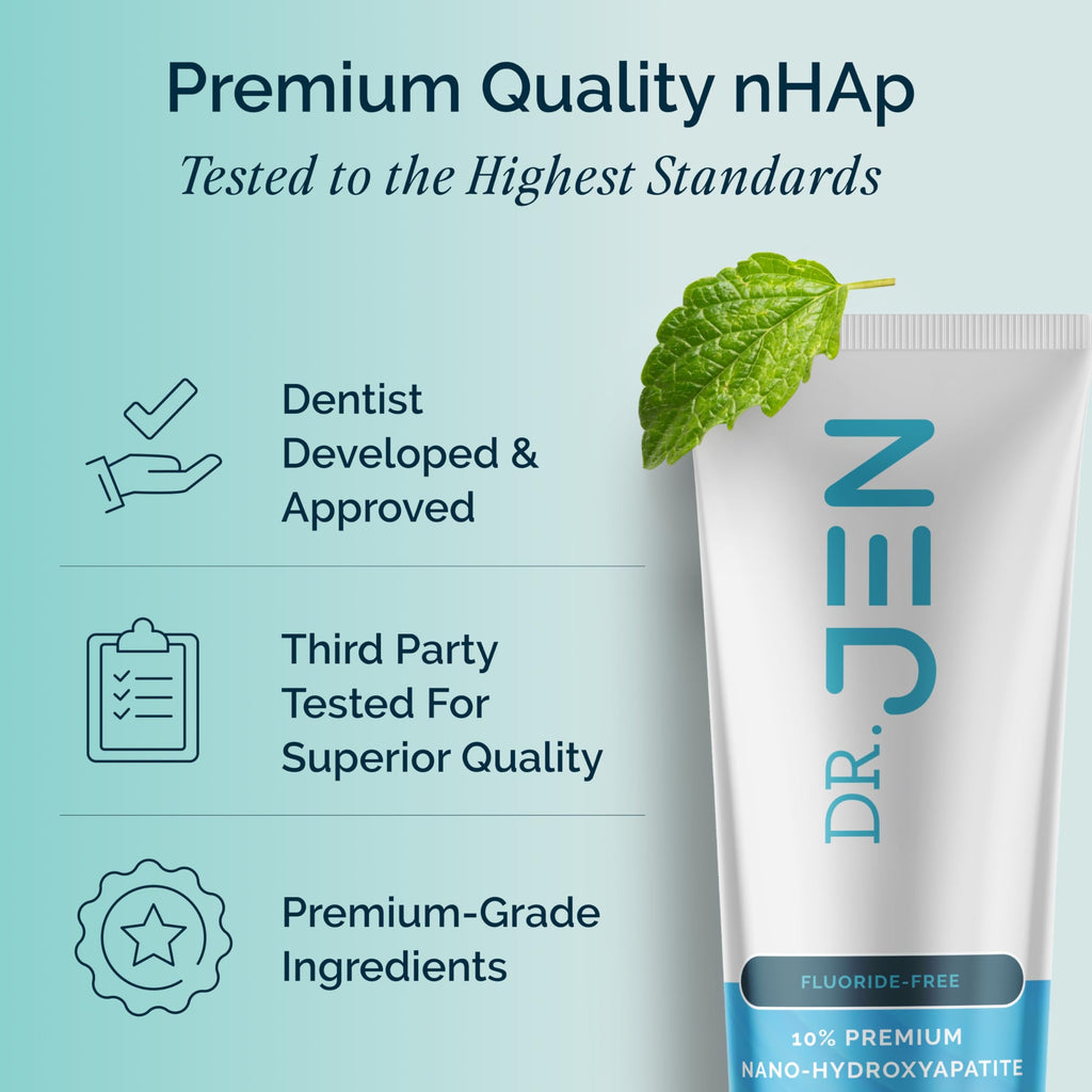 Dr. Jen Fluoride Free Toothpaste with 10% Premium Nano Hydroxyapatite, Xylitol & Glycerin, Remineralizing Daily Oral Care for Sensitive Teeth, Travel Essentials, Cool Mint, 1 Pack