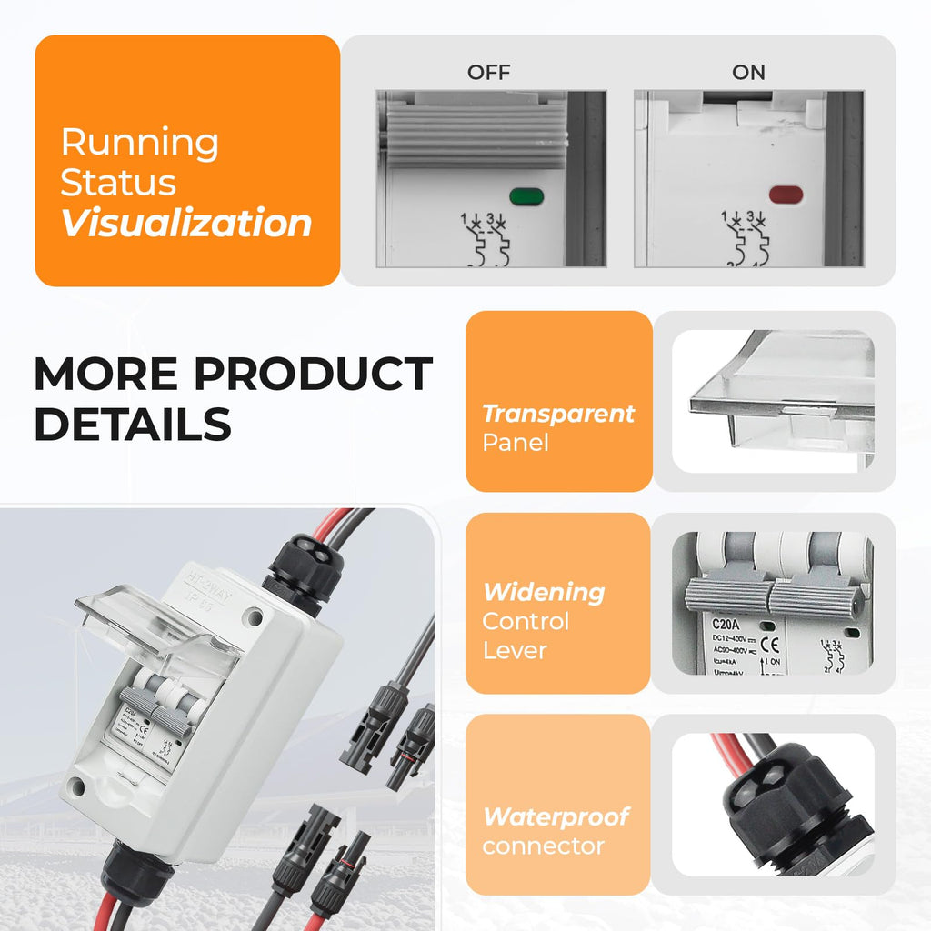Pjerjzn Solar Panel Disconnect Switch 400V DC/AC 20A Miniature Circuit Breaker with DIN Rail Box Enclosure Outdoor Small Breaker Box IP65 Waterproof UV-Proof for Solar PV Homes, Battery (20 Amp)