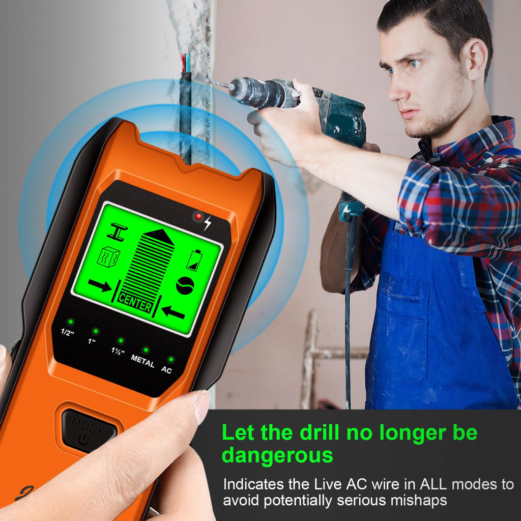 Stud Finder Wall Scanner, 5 in 1 Multifunction Stud Locator with Smart Sensor, HD LCD Display and Audio Alarm for The Center & Edge of Metal, Studs, AC Wire, and Pipe Detection (Tropical Orange)