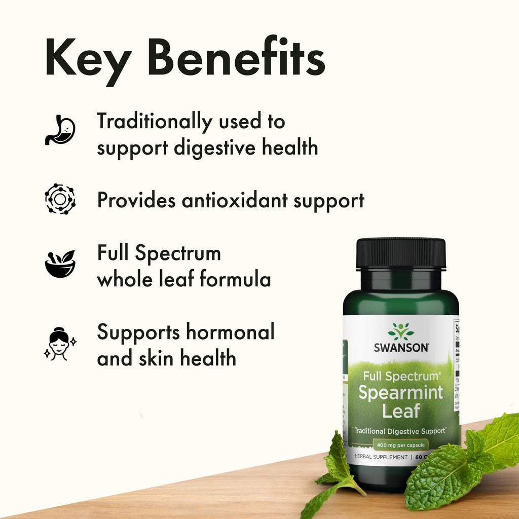 Swanson Spearmint Leaf Full Spectrum Digestive Supplement for Digestive-Comfort-Seeking Adults - 400 mg Mentha Spicata (60 Capsules, 3 Pack)