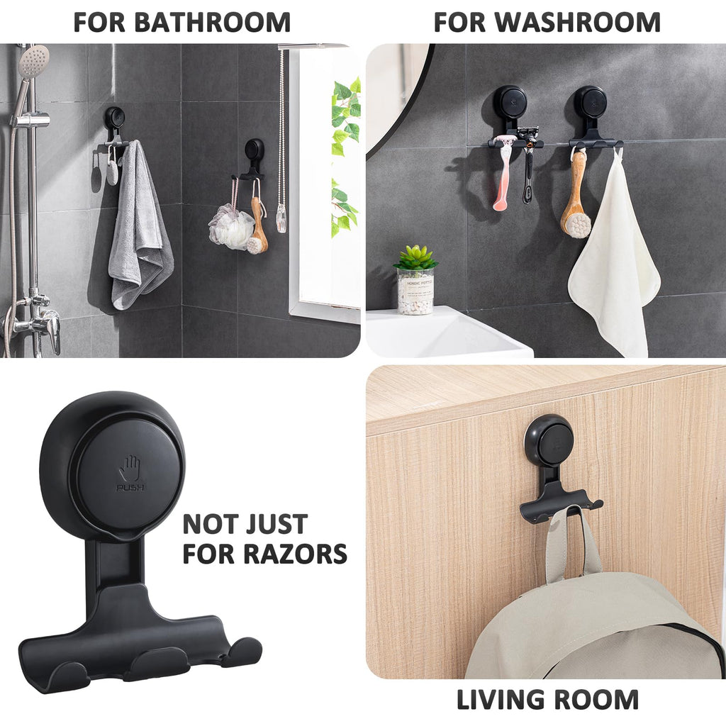 LEVERLOC Razor Holder for Shower 2 Pack, Powerful Vacuum Suction Cup Hook for Towel, Loofah, Razor, Squeegee, Damage-Free Wall Shower Hook, Shaver Holder for Bathroom, Easy to Install and Reuse, Black