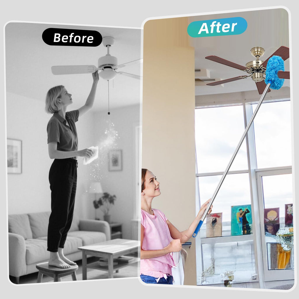 DRQ Ceiling Fan Cleaner Duster, 2 Pack Reusable Microfiber Duster with Extension Pole, 13 to 48 Inch Fan Blade Cleaner, Removable Dusters for Cleaning Walls Bookshelves Door Window Top (Blue)
