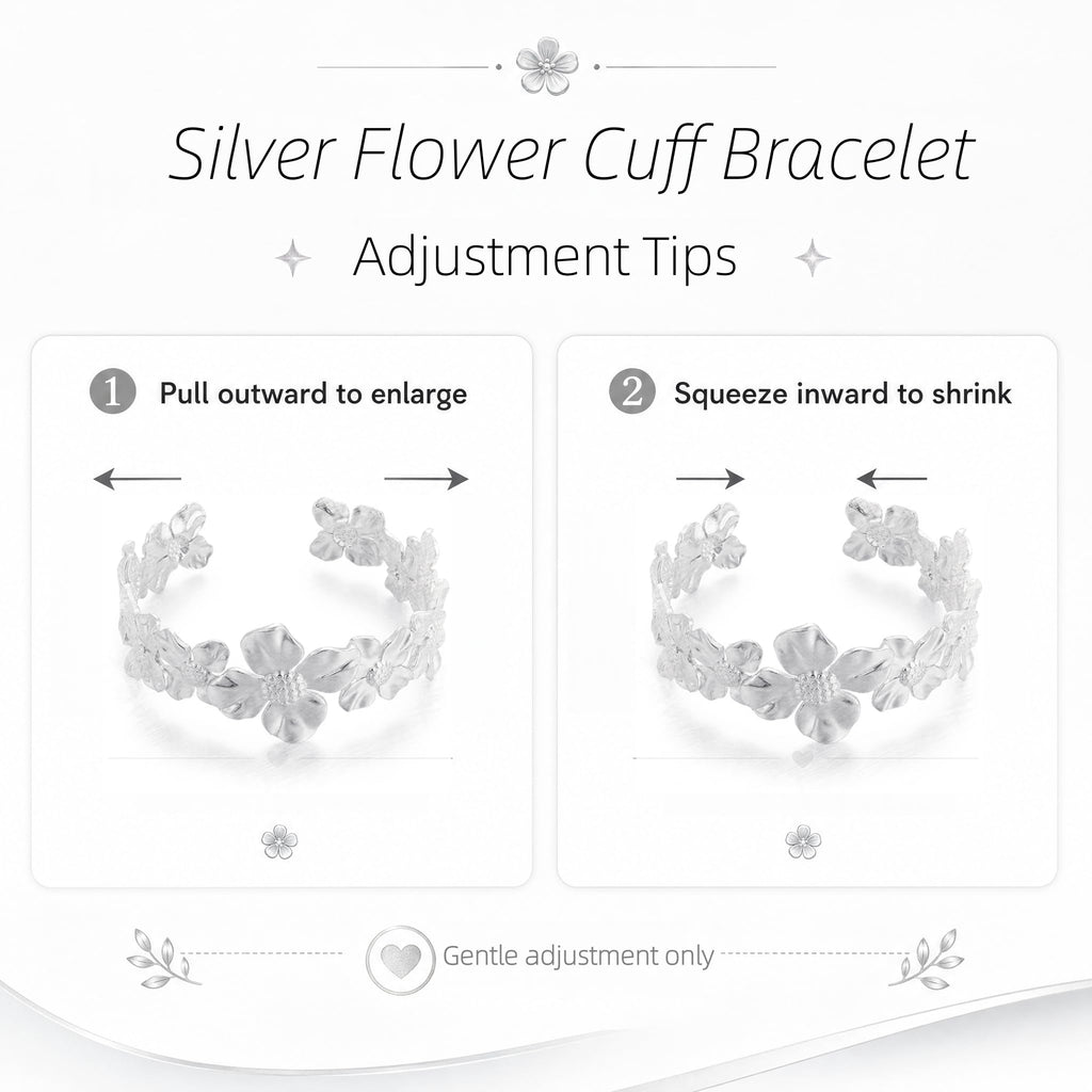 YWMAN Silver Flower Cuff Bracelet, Metallic Floral Chunky Bracelet for Women (Flower 1)