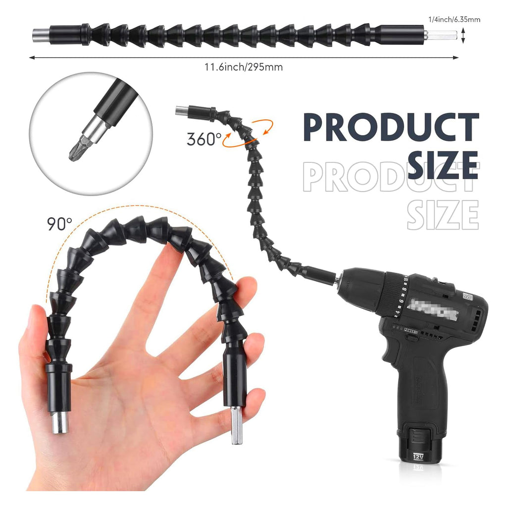 17pcs Flexible Drill Bit Extension, Include 3pcs Impact Socket Adapter 2pcs Hex Shank 105° Right Angle Drill Attachment 10 Short Screwdriver Bits Bendable Drill Bit Extension and 90° Angled Bits