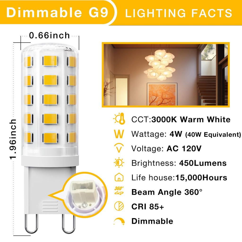 DAYBEETER 24 Pack Dimmable G9 LED Bulb 4W (40 Watt Equivalent), 3000K Soft Warm White, G9 Halogen Bulb,T4 G9 Bi-pin Base Light Bulbs for Chandelier,120V 450LM 360 Beam Angle No-Flicker G9 Bulb