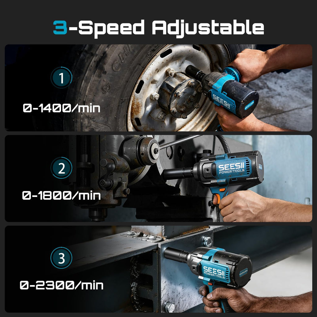 Seesii Upgraded Cordless Impact Wrench 885Ft-lbs (1200N·m): 1/2" Impact Gun with Detachable Side Handle, 21V High Torque Power Impact Driver 2x 4.0Ah Batteries for Family Car/Pickup Truck/Mower