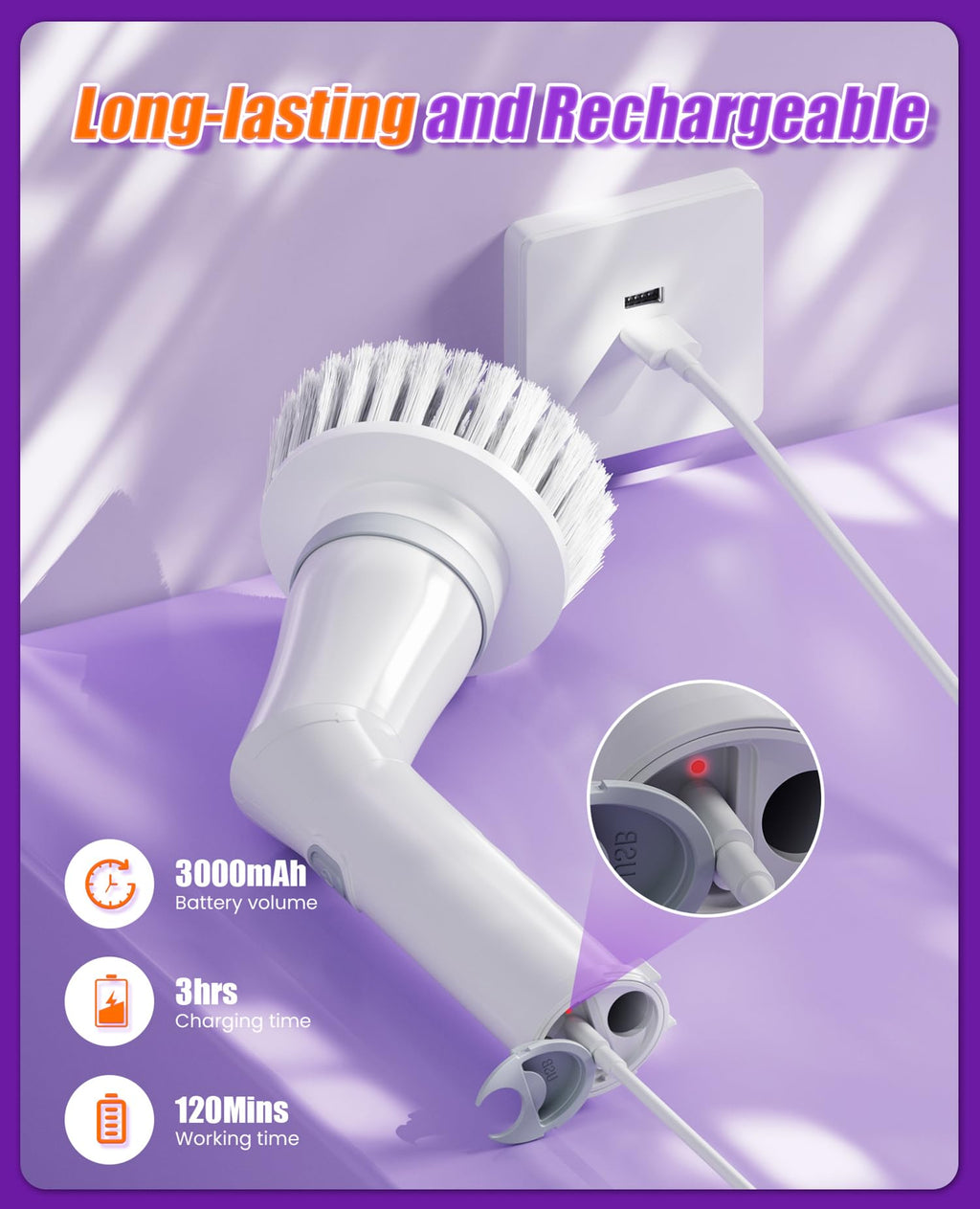 NBONEBS Electric Spin Scrubber, Cordless Shower Scrubber Rotary Floor Brushes & Pad Drivers with 6 Brush Heads - 2H Dual Speed, IPX7 Waterproof Extension Handle for Bathroom Tile Car Cleaning