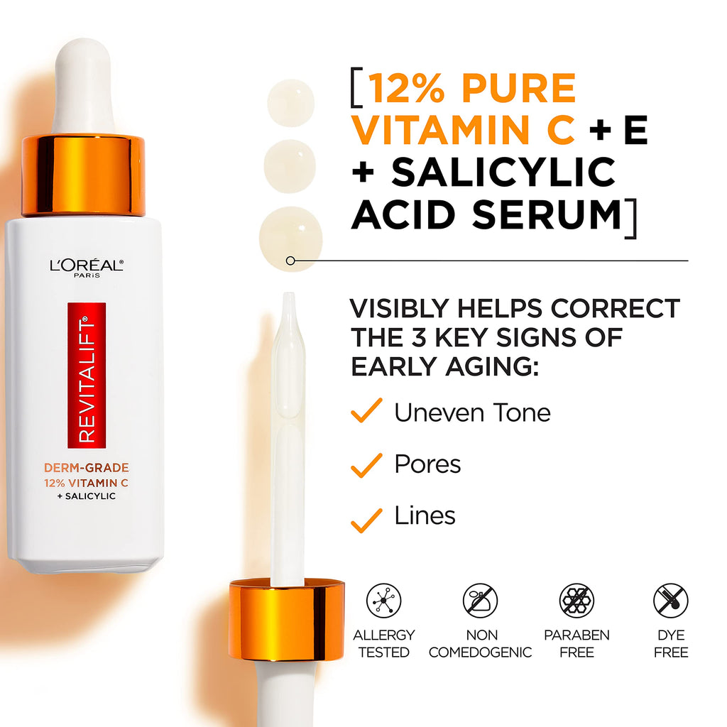 L'Oreal Paris Revitalift 12% Pure Vitamin C Serum, Brightening Serum For Face with Vitamin E, Salicylic Acid, 1 oz + Moisturizer Sample