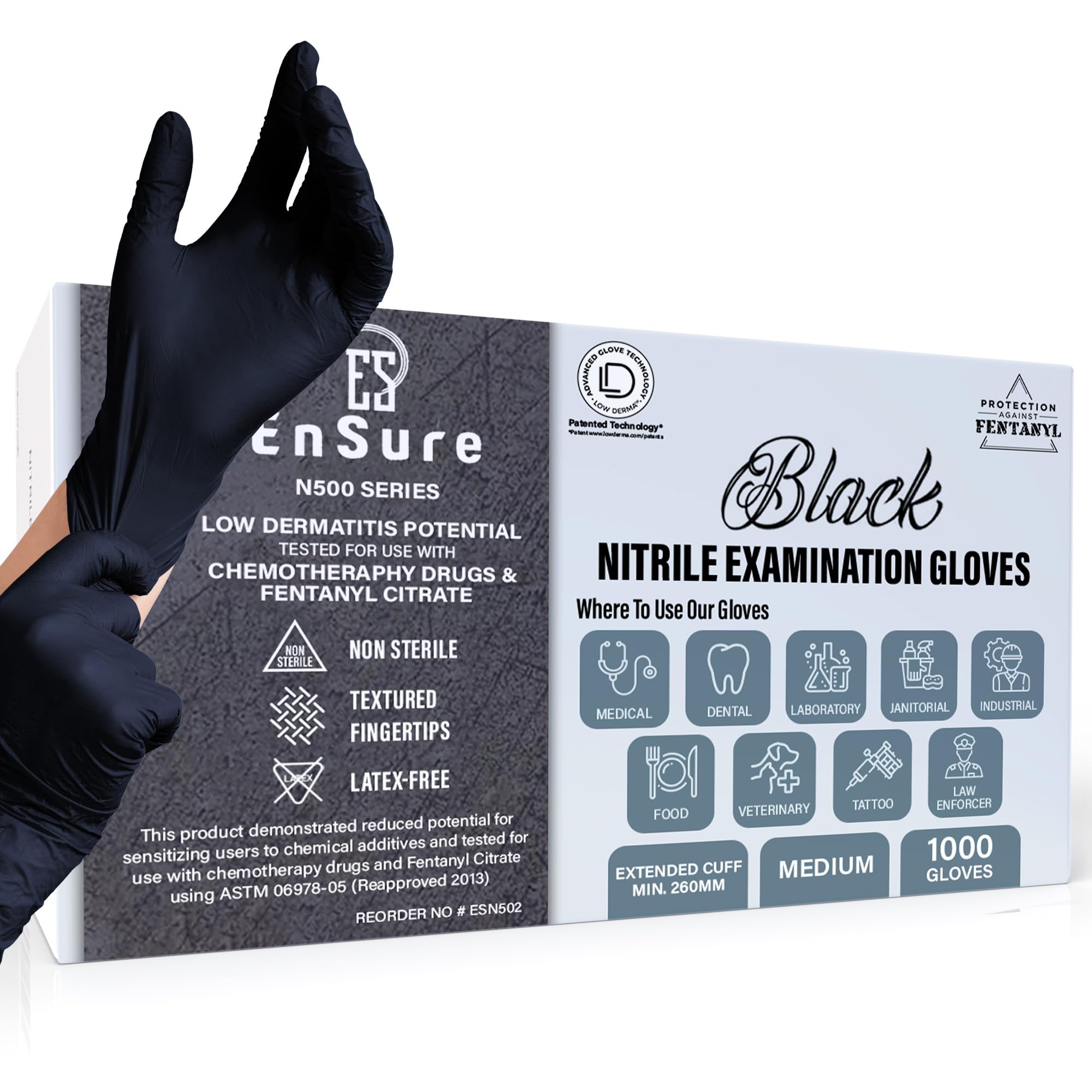 Ensure Nitrile Exam Gloves, Powder-Free, Latex-Free, Chemo Rated, Non-Sterile, Textured Fingertips, Heavy Duty, Medical, Surgical, Food Safe, Tattoo, Cleaning - Black, 5 Mil (1000, Small)
